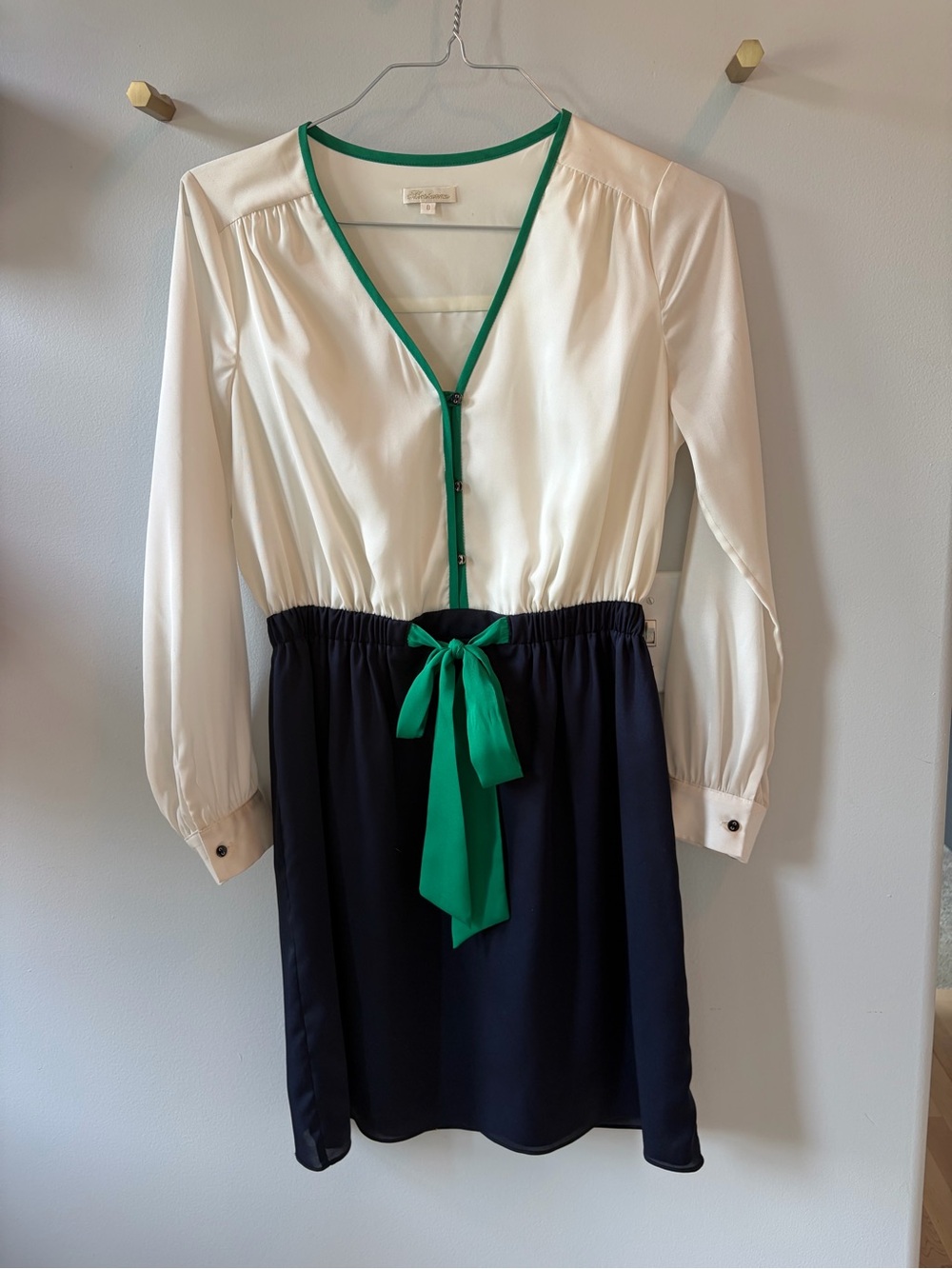Shoshanna Cream, Navy & Green Color-Block Midi Dress